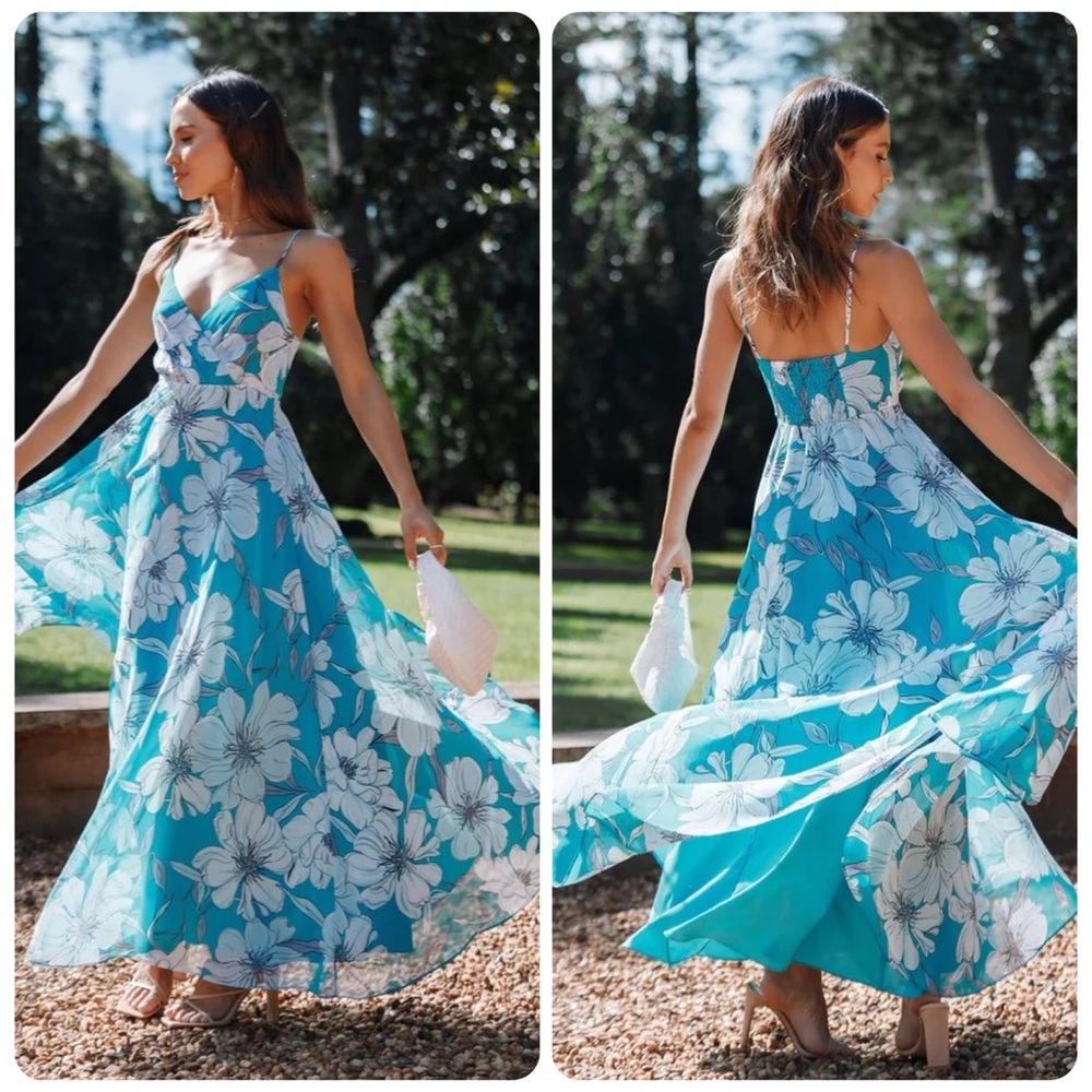 PETAL + PUP Flourish Blue Floral Suplice Resort Floral Maxi Dress SZ Large NWT